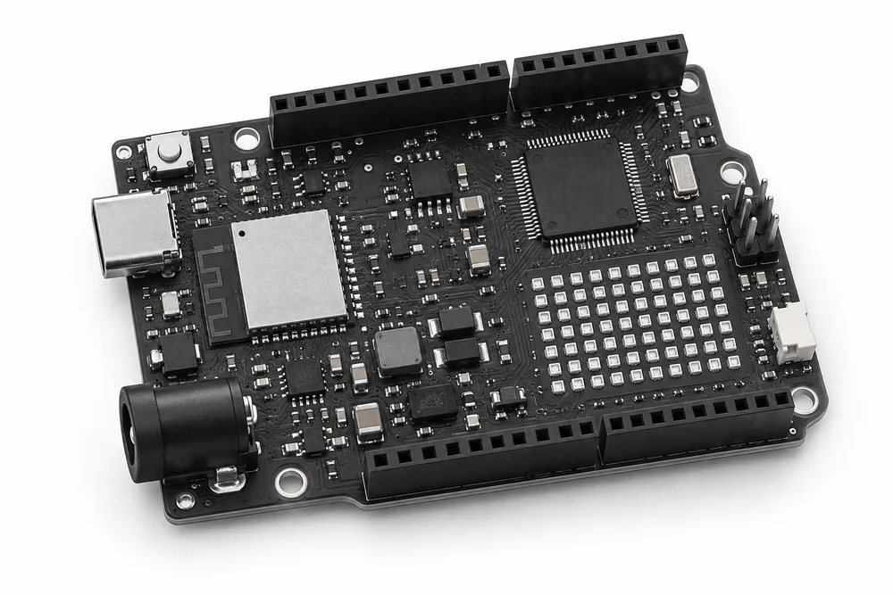 Generated monochrome illustration of an Uno R4 WiFi board